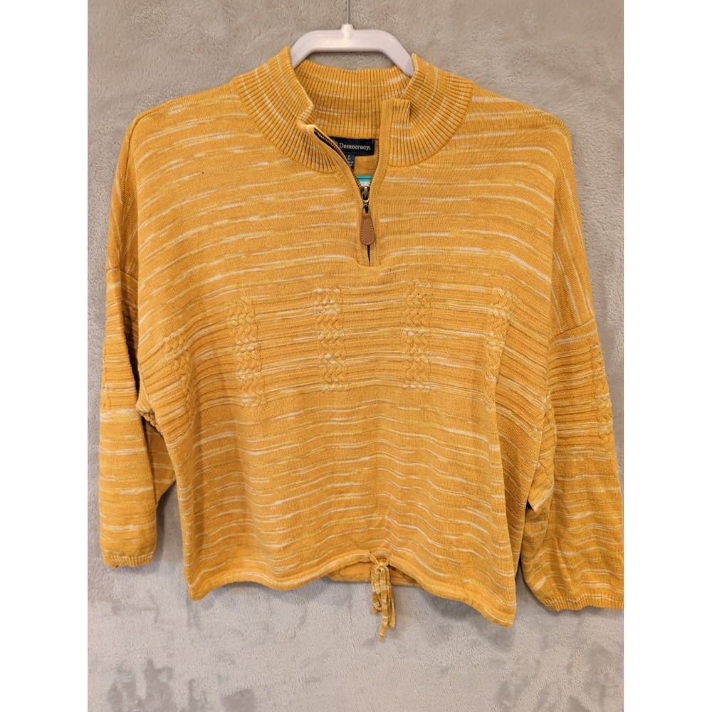 Democracy Womens‎ L Mustard Space Dye Zip Mock Neck Tie Hem Sweater